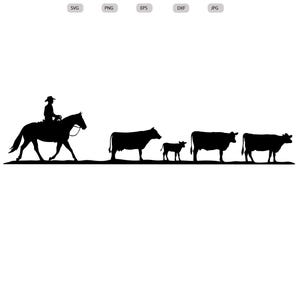 May include: A black silhouette of a cowboy on horseback leading a herd of cattle. The image includes a cowboy on a horse, followed by three cows and a calf. The words "Digital Download" are at the top.