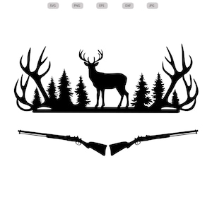 May include: Black silhouette of a deer standing in front of a forest scene, with two rifles below. The image is a digital download, with file type options: SVG, PNG, EPS, DXF, and JPG.