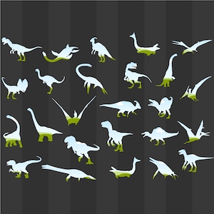 Può includere: Una collezione di 25 silhouette di dinosauri con un paesaggio verde e blu all'interno di ciascuna. I dinosauri sono tutti rivolti in direzioni diverse e sono in varie pose.
