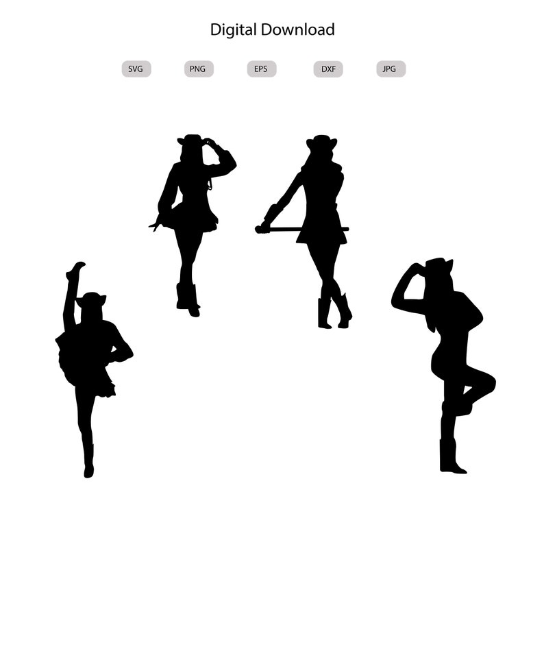May include: Black silhouette images of a majorette in various poses. The majorette is wearing a hat, boots, and a short skirt. The words "Digital Download" are at the top, with file type icons below. The poses include holding a baton and balancing.