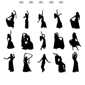Puede incluir: Gráfico de descarga digital con siluetas negras de bailarinas de danza del vientre en varias poses. Las bailarinas se muestran con faldas fluidas y brazos levantados, con el texto "Descarga digital" en la parte superior.