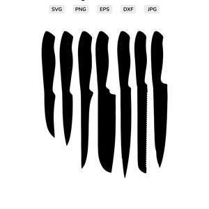 May include: Silhouette of seven different kitchen knives, all black, with varying blade shapes and sizes.