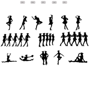 May include: Black silhouette digital download of cheerleaders in various poses. The image includes individual figures and groups of cheerleaders, with the text "Digital Download" at the top and file type options.