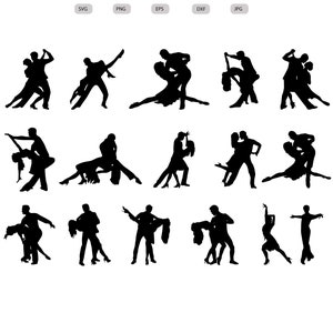 Op de afbeelding: Silhouetten van paren die in verschillende dansposities uit de ballroom dansen. De silhouetten zijn zwart tegen een witte achtergrond.