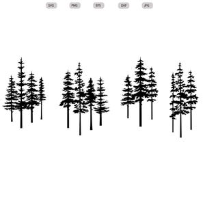 May include: Black silhouette illustrations of pine trees in various groupings. The image includes the text "Digital Download" at the top, along with file type icons: SVG, PNG, EPS, DXF, and JPG. The trees are depicted with detailed branches and needles.