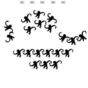 Puede incluir: Descarga digital de monos silueta negra. La imagen presenta múltiples formas de monos en varias poses, dispuestas en grupos y líneas. El texto "Digital Download" está en la parte superior, con iconos de tipo de archivo debajo.