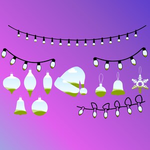 May include: A set of Christmas ornaments with a landscape scene inside. The ornaments are in the shape of a bell, a ball, and a teardrop. There are also string lights with a landscape scene inside.