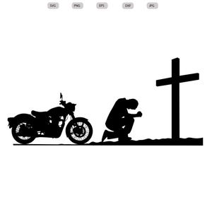 Motorradfahrer kniend, um zu überqueren SVG - Motorradfahrer kniend, um Silhouette zu überqueren Silhouette - Beten am Gedenkkreuz SVG- svg - eps - dxf - png - jpg