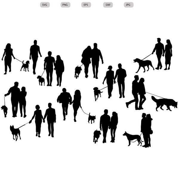 Couples with Dog Svg - Couples with Dog Silhouette - Couples with Dog Cut File -  Dog Walking Clipart - svg - eps - dxf - png - jpg