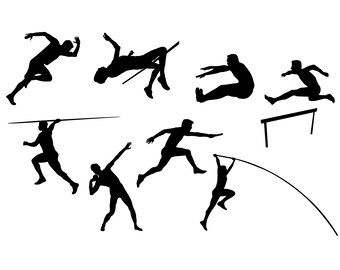 Könnte beinhalten: Silhouetten von Athleten, die verschiedene Leichtathletik-Disziplinen ausführen, darunter Laufen, Springen, Werfen und Hürdenlauf.