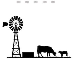 Może przedstawiać: Czarna sylwetka wiatraka, koryta, krowy i cielęcia na białym tle. Obraz jest oznaczony jako "Pobieranie cyfrowe" z opcjami typu pliku: SVG, PNG, EPS, DXF i JPG.