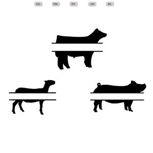 Peut inclure: Silhouettes noires d'animaux de la ferme, dont un taureau, un mouton et un cochon, chacun avec un espace horizontal pour le texte. L'image est étiquetée "Téléchargement numérique" avec des options de type de fichier : SVG, PNG, EPS, DXF et JPG.