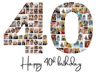 40th Birthday Photo Collage Template, Editable In Canva ,Number 40 Collage,40th Birthday,  DIY Anniversary Birthday Gift