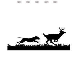 May include: Black silhouette of a deer and a dog running through tall grass.