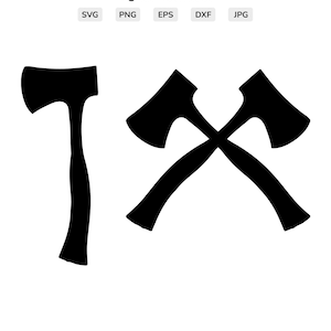 May include: Two black silhouette images of axes. One axe is standing upright, the other is crossed over the top of it.