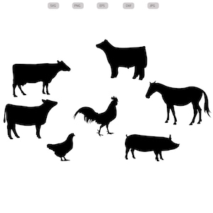 May include: Silhouettes of farm animals, including a cow, a rooster, a chicken, a pig, a horse, and a steer. The animals are all black against a white background.