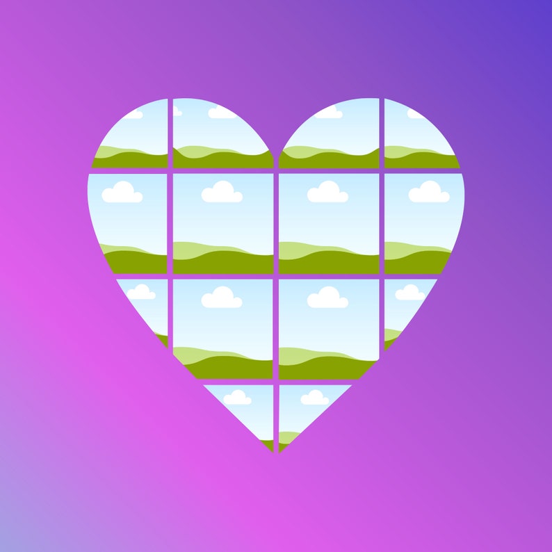 May include: A heart-shaped window with a view of a green rolling hills landscape and a blue sky with white clouds.