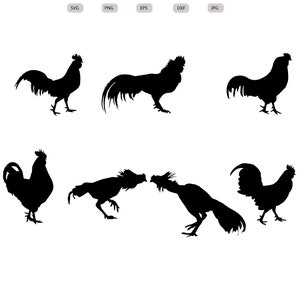May include: A set of six black silhouette images of roosters in various poses. The roosters are facing different directions and some are in a fighting stance.