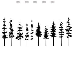 May include: Black silhouette illustrations of various pine trees. The image includes the text "Digital Download" and file type options: SVG, PNG, EPS, DXF, and JPG. The trees vary in height and shape, suitable for digital art projects.