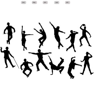 May include: Black silhouette digital download of various dancers in dynamic poses. Some figures wear hats and hold canes, while others are in ballet or modern dance positions. The text "Digital Download" is at the top.