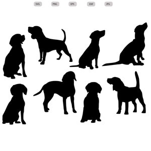 Puede incluir: Un conjunto de ocho imágenes de silueta negra de perros en varias poses, incluyendo sentado, de pie y corriendo. Las imágenes son adecuadas para usar en proyectos de manualidades, como calcomanías de vinilo, plantillas o transferencias de planchado.