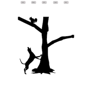 May include: Black silhouette of a dog jumping up at a tree with a squirrel sitting on a branch.