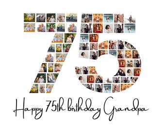 Puede incluir: Sobre un fondo blanco, un collage de fotos con la forma del número 75, lleno de pequeñas fotos. Debajo, el texto manuscrito: "Happy 75th birthday Grandpa."