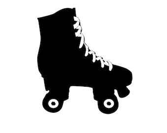 May include: Black silhouette of a roller skate with white laces. The skate has four wheels.
