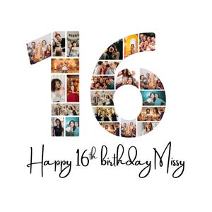 Plantilla de collage de fotos para 16.º cumpleaños, editable en Canva, collage del número 16, regalo de aniversario DIY