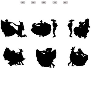 May include: Black silhouette digital download of couples dancing. The image features various poses of dancers in traditional attire, including wide skirts and sombreros. The words "Digital Download" are at the top.