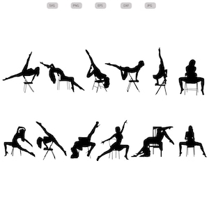 May include: A set of 10 silhouette images of a person in various poses on a chair. The images are in black and white and are suitable for use in digital projects.
