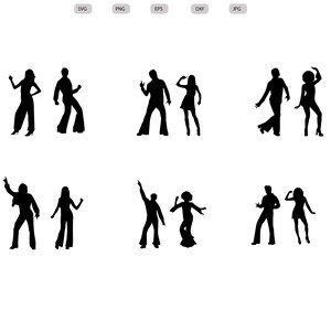 Peut inclure: Un ensemble de huit silhouettes noires de personnes dansant dans un style disco des années 1970. Les images sont dans différentes poses, certaines personnes levant les mains en l'air et d'autres bougeant leurs hanches.