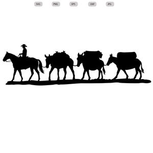 May include: A black silhouette of a cowboy riding a horse, followed by three pack animals carrying large loads. The image is a digital download, with file type options including SVG, PNG, EPS, DXF, and JPG.