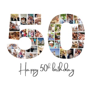 Sjabloon fotocollage 50e verjaardag, bewerkbaar in canva, collage nummer 50, 50e verjaardag, DIY-verjaardagscadeau