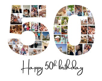 50th Birthday Photo Collage Template, Editable In Canva ,Number 50 Collage,50th Birthday,  DIY Anniversary Birthday Gift