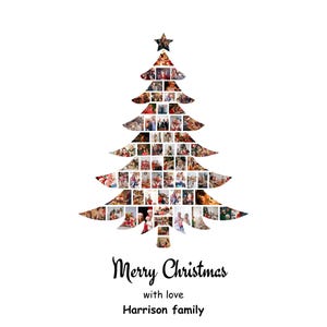 May include: A festive Christmas tree design composed of multiple family photographs, crowned with a star. The words "Merry Christmas" and "Harrison family" are displayed below the tree on a white background.