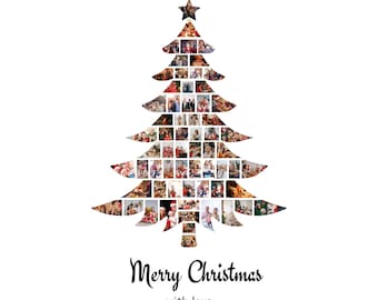 Mall för julgransfotocollage, redigerbar i Canva, julgranscollage, anpassade familjefotojulklappar.