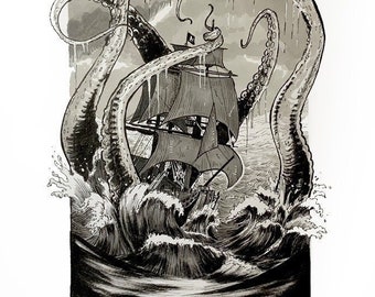 Drawing kraken pirate ship - Ship illustration