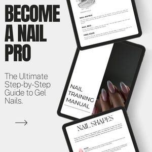 Peut inclure: Tablettes numériques affichant un manuel de formation sur les ongles avec le texte « Devenez un pro des ongles ». L'image montre des schémas de croissance des ongles et de formes d'ongles, y compris rondes, ovales et carrées. Le guide est pour les ongles en gel.