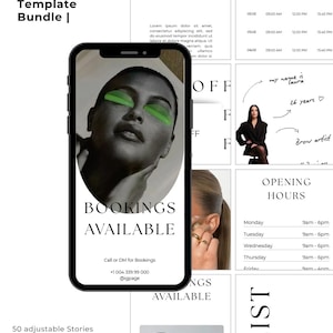 May include: A digital bundle of 50 Instagram templates featuring a smartphone display showing a booking page with a person wearing green eye masks, alongside various layout designs for cancellation policies, availability, and opening hours.