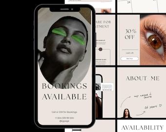 50 plantillas de historias de Instagram para lifting de pestañas | Canva totalmente editable | Kit para redes sociales de artistas de pestañas | Paquete de historias con cuidados posteriores, control de calidad y tutoriales
