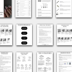 K&ouml;nnte beinhalten: Eine Sammlung wei&szlig;er Seiten mit schwarzem Text und Illustrationen, wahrscheinlich ein Handbuch oder eine Anleitung. Themen sind Ausr&uuml;stung, Wachstumszyklus, Manik&uuml;re-Schritte, Kundenprozess und Marketing&uuml;bersicht. Die Seiten sind in einem Raster angeordnet.