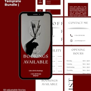 Könnte beinhalten: Ein digitales Set aus 50 Instagram-Story-Vorlagen in Dunkelrot und Weiß. Die Designs enthalten Textüberschriften wie Appointments, Cancellation Policy, Contact Me, Opening Hours und Bookings Available mit entsprechenden Platzhaltern.