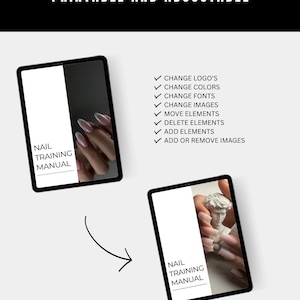 K&ouml;nnte beinhalten: Zwei Tablets zeigen ein Nagel-Trainingshandbuch mit dem Text &bdquo;PRINTABLE AND ADJUSTABLE&ldquo; dar&uuml;ber. Eines zeigt eine Hand mit Manik&uuml;re, das andere eine Statue. Anpassungsoptionen: Logos, Farben, Schriftarten, Bilder und Elemente &auml;ndern.