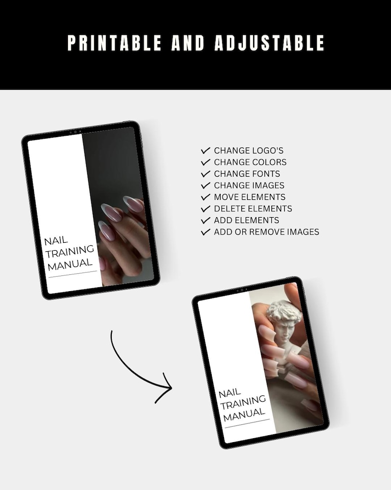 K&ouml;nnte beinhalten: Zwei Tablets zeigen ein Nagel-Trainingshandbuch mit dem Text &bdquo;PRINTABLE AND ADJUSTABLE&ldquo; dar&uuml;ber. Eines zeigt eine Hand mit Manik&uuml;re, das andere eine Statue. Anpassungsoptionen: Logos, Farben, Schriftarten, Bilder und Elemente &auml;ndern.