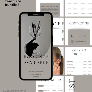 Könnte beinhalten: Ein digitales Paket mit 50 Instagram-Vorlagen, das ein Smartphone-Display mit einer Weinglas-Grafik und dem Text Bookings Available zeigt, neben verschiedenen Layout-Designs für Stornierungsbedingungen, Verfügbarkeit, Kontakt und Öffnungszeiten.