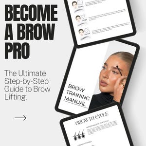 May include: An image of three tablets displaying brow training information. The top tablet shows face shapes, the middle one has a woman getting her eyebrows done, and the bottom one shows the growth cycle of eyebrows. The text "BECOME A BROW PRO" is at the top.