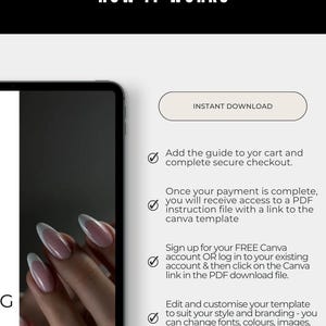 K&ouml;nnte beinhalten: Eine digitale Grafik mit dem Text &bdquo;HOW IT WORKS&ldquo; oben. Das Bild enth&auml;lt ein Tablet, eine Schaltfl&auml;che mit der Aufschrift &bdquo;INSTANT DOWNLOAD&ldquo; und Aufz&auml;hlungspunkte, die den Download-Prozess erkl&auml;ren. Das Bild zeigt auch eine Hand mit manik&uuml;rten N&auml;geln.