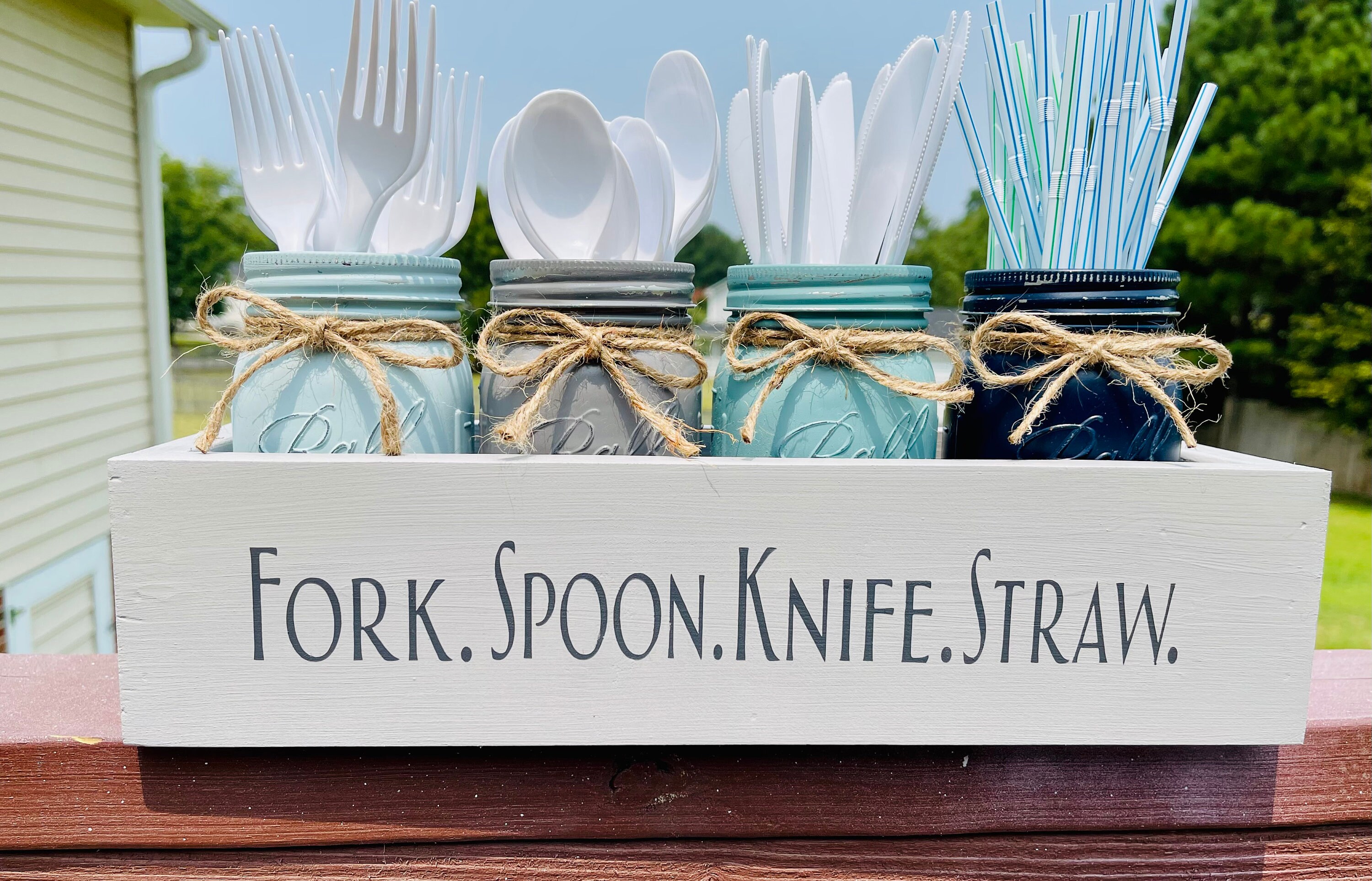 Wooden Mason Jar Utensil Holder Box, Mason Jar Silverware Caddy, Party Silverware Holder, Fork