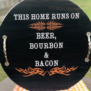 Custom Round Wood Tray with Handles, Black Ottoman Tray, Gift for guys, Man Cave Decor, Beer Bourbon & Bacon,  Serving Platter, BBQ Platter